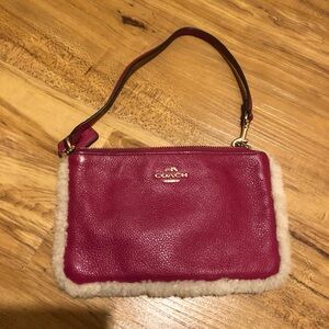 Coach Raspberry Leather & Shearling Wristlet